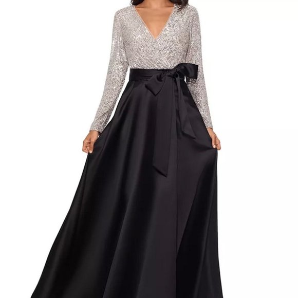 Xscape Silver Sequin-Top Black Taffeta Ball Gown - Picture 1 of 7